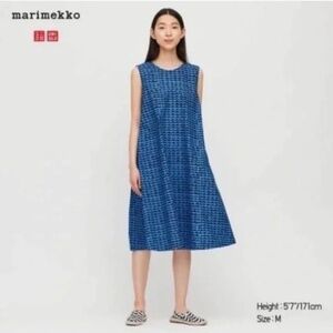 MARIMEKKO x UNIQLO Cotton A-Line Sleeveless Dress in Blue Geometric Print - M